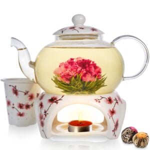 2 Flowering Teas Dishwasher Safe Glass Tea Infuser Teabloom Rose Teapot Set Pretty in Pink Thermal Shock Resistant Stovetop Microwave 34 oz Borosilicate Glass Teapot 