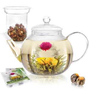 with Removable Stainless Steel Infuser 5 oz / 150 ml 40 oz / 1200 ml Stovetop Safe Glass Teapot Includes 4 Insulated Double Wall Glass Cups Teabloom Classica Tea Set 