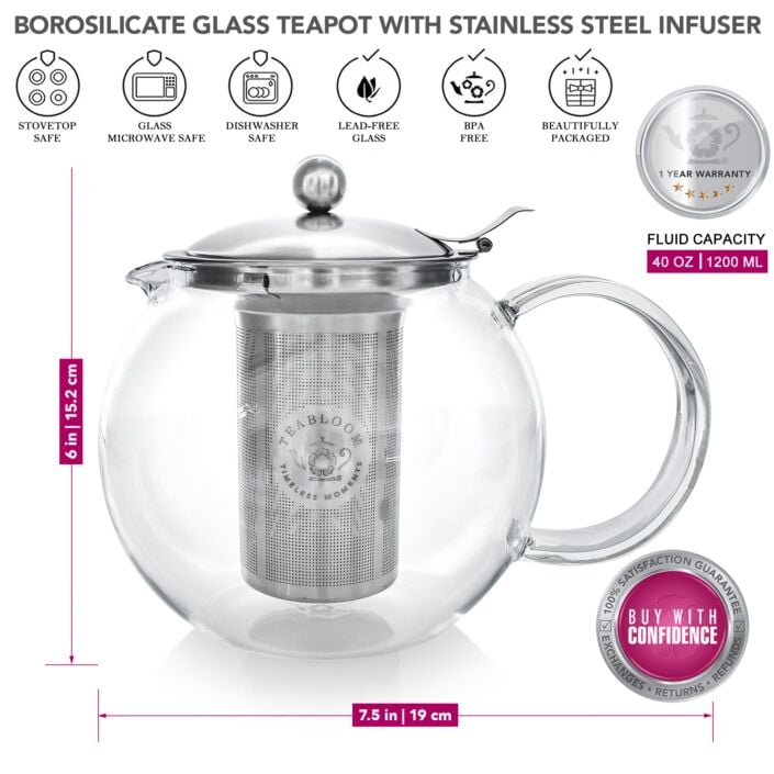 Teabloom Classica Everyday Teapot – Stovetop Safe Glass Teapot – 40 oz ...